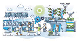 City utilizing sustainable energy for modern infrastructure outline concept