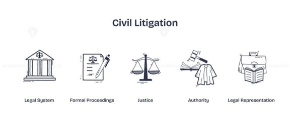 Civil litigation involves legal system, justice scales, and legal documents. Doodle style icons
