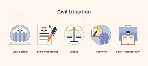Civil litigation icons depict legal proceedings with scales, gavel, and courthouse in Neubrutalism style.