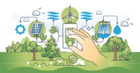 Clean energy shift and choosing green power production outline hands concept