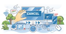 Click-to-cancel concept with hand, cancel button, and digital devices. Outline style