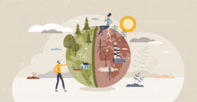 Climate change and environment pollution with warming tiny person concept