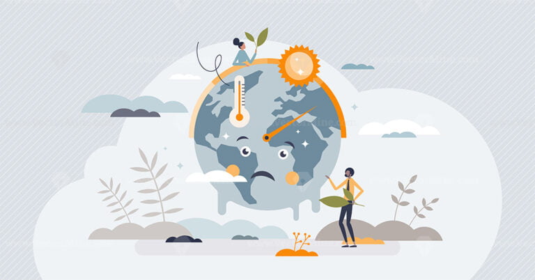 Climate crisis and global warming as planet challenge tiny person concept