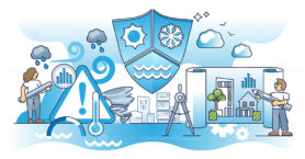 Climate risk management and warning calculations for society outline concept