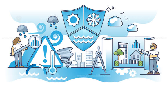 Climate risk management and warning calculations for society outline concept