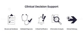 Clinical decision support illustrated with checklist, stethoscope, and alert bell, highlighting guidance, diagnosis, and notifications. Doodle style icons