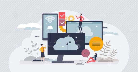 Cloud computing as using virtual hosting for file storage tiny person concept