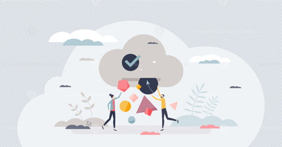 Cloud storage access as data upload to server database tiny person concept