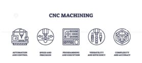 CNC machining icons outline the concepts of automation, precision, and efficiency. Key objects, CNC machine, control panel, drill. Outline icons set.