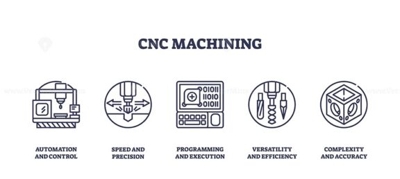 CNC machining icons outline the concepts of automation, precision, and efficiency. Key objects, CNC machine, control panel, drill. Outline icons set.