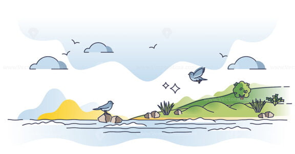 Coastal landscape scene with sea or ocean coast and beach outline concept