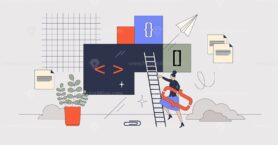 Coding blocks for programming language tiny person neubrutalism concept