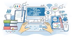 Coding help and online advices reading for programming outline hands concept