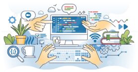 Coding tutor and advices for software programming outline hands concept