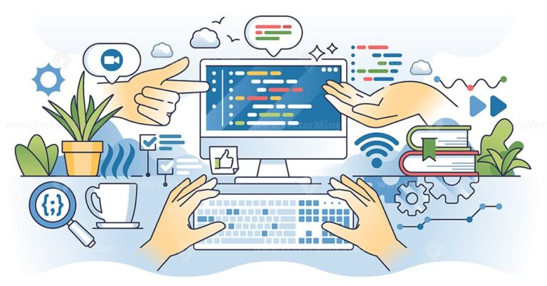 Coding tutor and advices for software programming outline hands concept