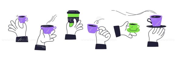 Coffee cups in hands convey a lively interaction with vibrant colors. Key objects, coffee cups, hands, steam. Playful style.