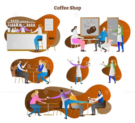 FREE Coffee shop scenes vector illustration collection set