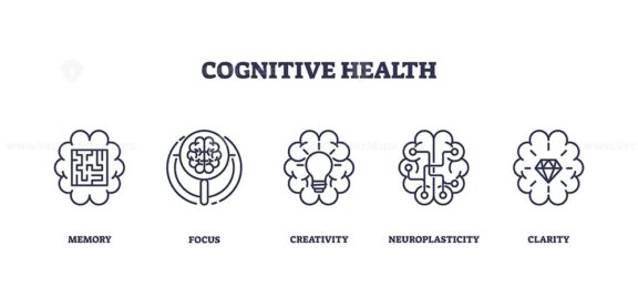 Cognitive health icons show brain functions like memory, focus, creativity. Outline icons set.