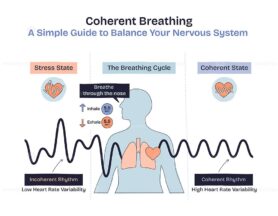 Coherent breathing visualizes balanced breathing, heart, and lungs to illustrate nervous system regulation. Doodle style diagram
