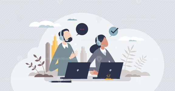 Cold calling as telemarketing strategy for phone sales tiny person concept