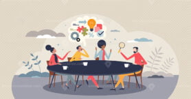 Collaboration and business team meeting with discussion tiny person concept