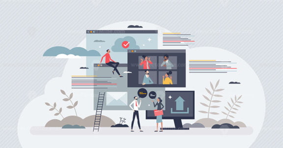 Collaboration tools for team communication or partnership tiny person concept