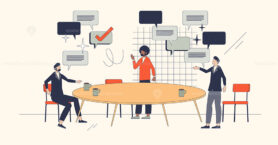 Collaborative brainstorming and business briefing retro tiny person concept
