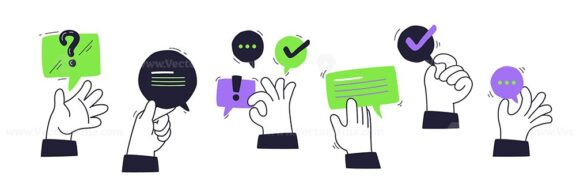 Communication through hands and speech bubbles with icons like checkmarks and question marks. Playful style