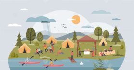 Community care retreat and support camp for healing tiny person concept