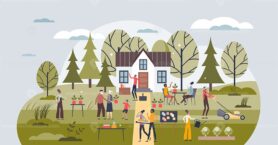 Community care workshop and all social groups together tiny person concept