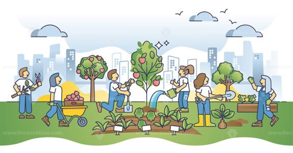Community city garden and plants growing in urban environment outline concept