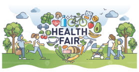 Community health fair for active lifestyle and eating balance outline concept