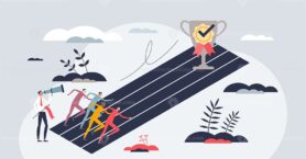 Competitive outlook and business competition overview tiny person concept