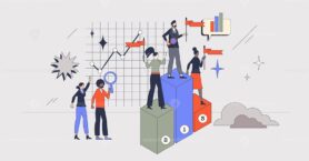 Competitor benchmarking or company evaluation tools retro tiny person concept