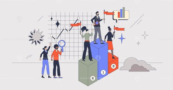Competitor benchmarking or company evaluation tools retro tiny person concept