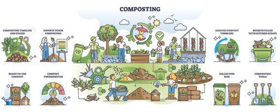 Composting concept in organic waste management outline elements collection