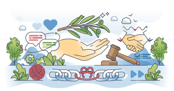 Conflict management and peace talks for business outline hands concept