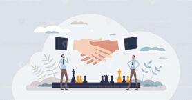 Conflict resolution in business with tactics and strategy tiny person concept