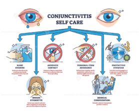 Conjunctivitis self care with daily habits to avoid pink eyes outline diagram