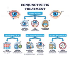 Conjunctivitis treatment with medicines and medical help outline diagram