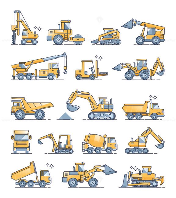 Construction machines and heavy machinery examples outline collection set