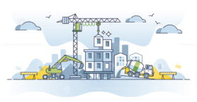 Construction site and new residential panel building house outline concept