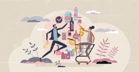 Consumer goods and products purchase in supermarket tiny person concept