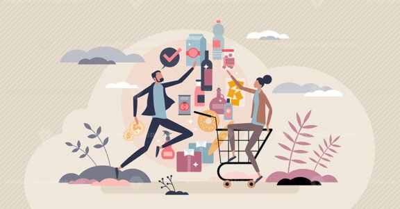 Consumer goods and products purchase in supermarket tiny person concept
