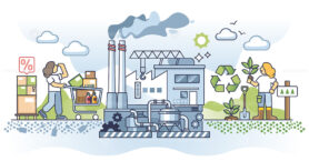 Consumerism vs sustainability society lifestyle comparison outline concept