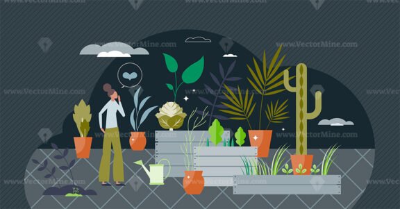 Container gardening as plant growth in raised wooden beds tiny person concept