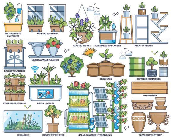 Container gardening and plant growth in pots or boxes outline collection set