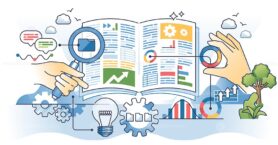 Content analysis and qualitative information research outline hands concept