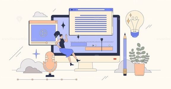 Content creation for online social media tiny person neubrutalism concept
