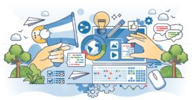 Content marketing and online advertisement publishing outline hands concept